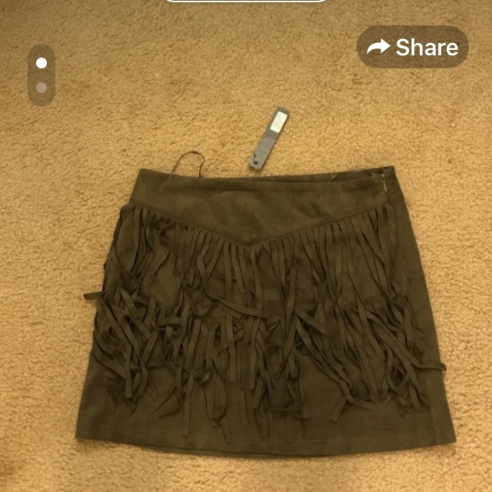 Olive green suede skirt.